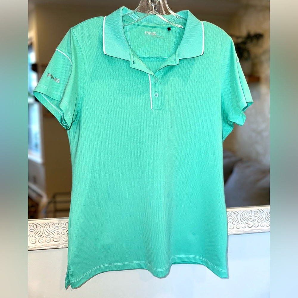 Ping Golf Performance Turquoise & White Short Sleeve Shirt Large